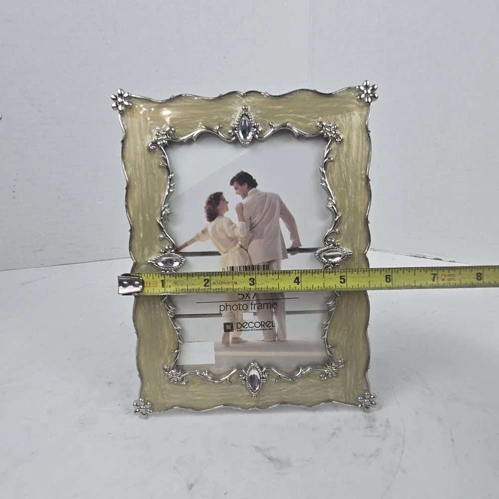 Decorel 5x7 Ornate Filigree Photo Frame Beige Enamel and Jewels Free Standing